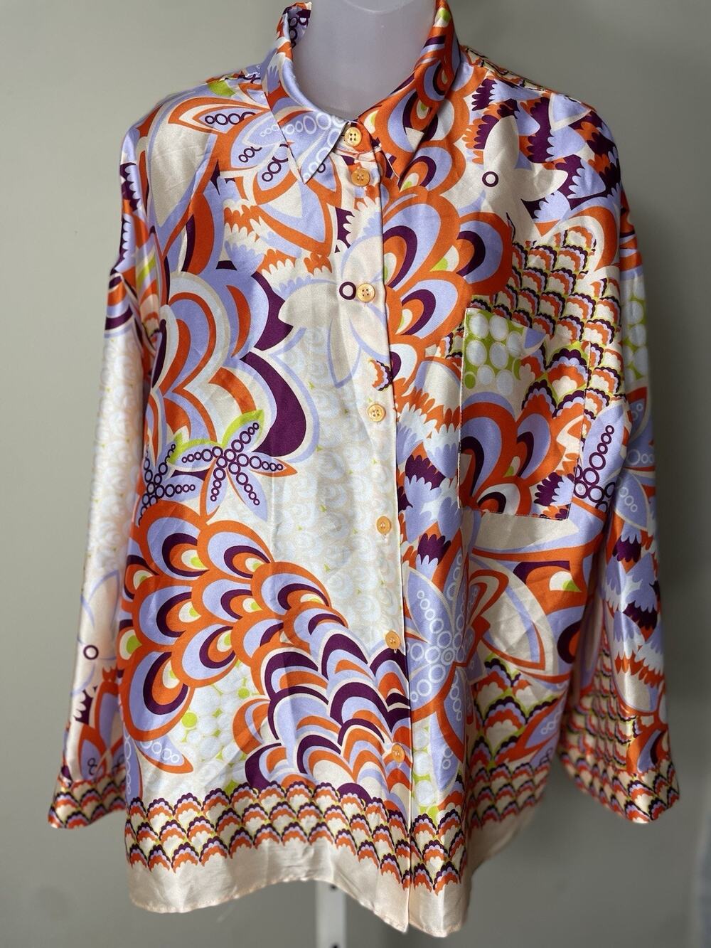 Zara Women Cream Paisley Psychedelic Satin Oversized Button Down Shirt X-Large